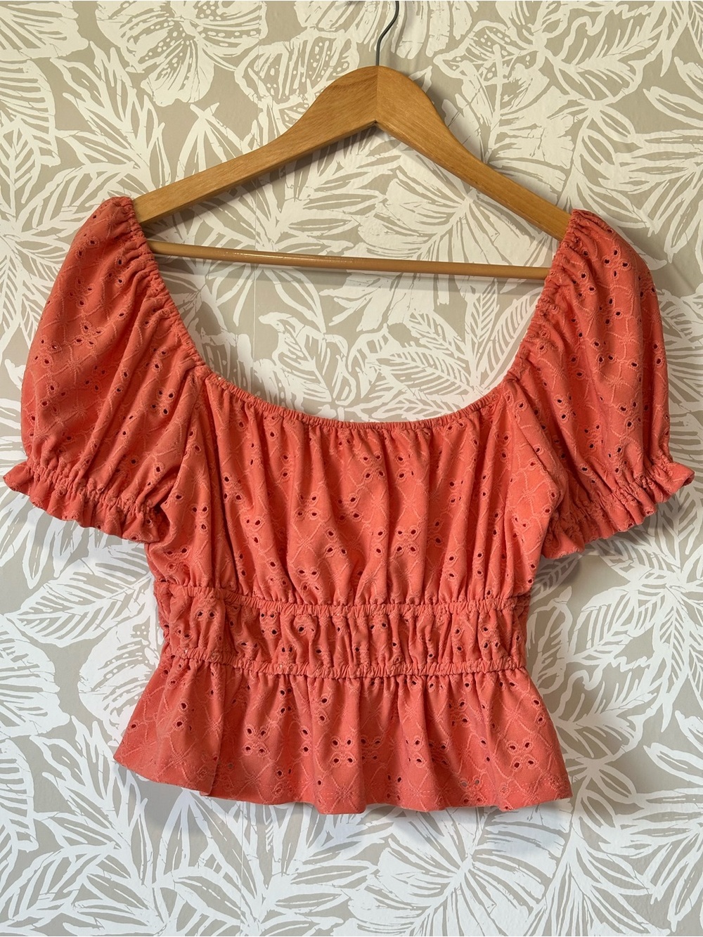 Altar'd State Coral Eyelet Puff-Sleeve Crop Top